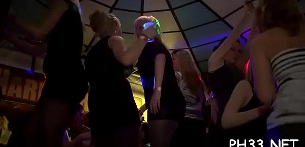  Tons of group sex on dance floor blow jobs from blondes with spunk at face